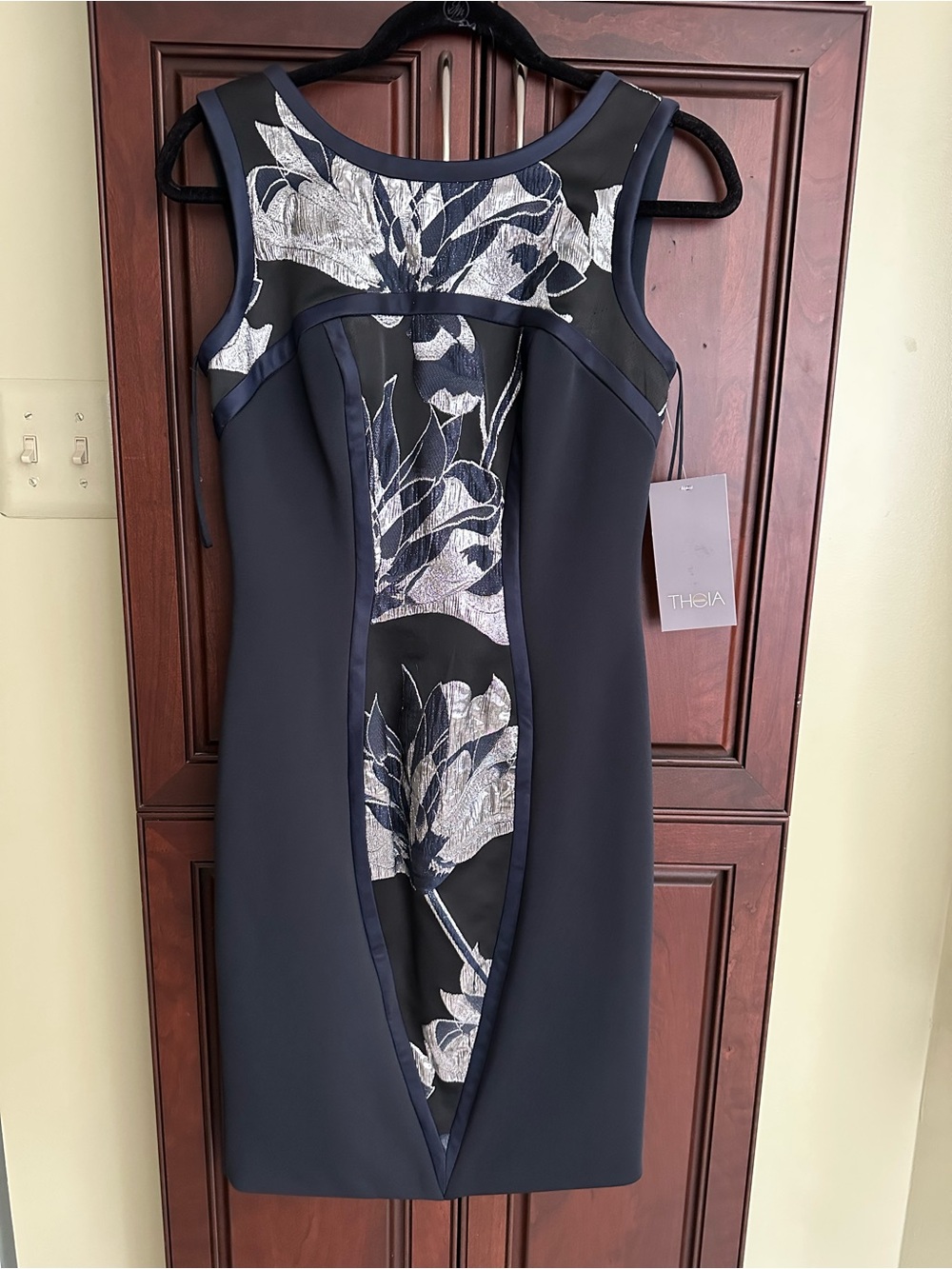 Theia Navy and black  Floral-Panel Sheath Dress with silver metallic accents